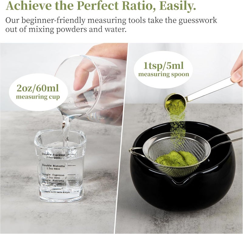 YIBO Matcha Whisk Set Black - Match Bowl with Spout and Whisk, Scoop, Sifter, Chasen Holder Measuring Spoon & Cup Kit for Matcha Tea Ceremony Tools - Image 4